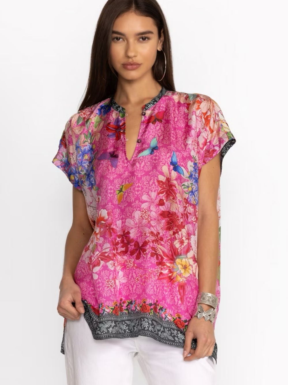 Johnny Was Bouquet Frame Parade Silk Blouse Butterfly Floral Top Large